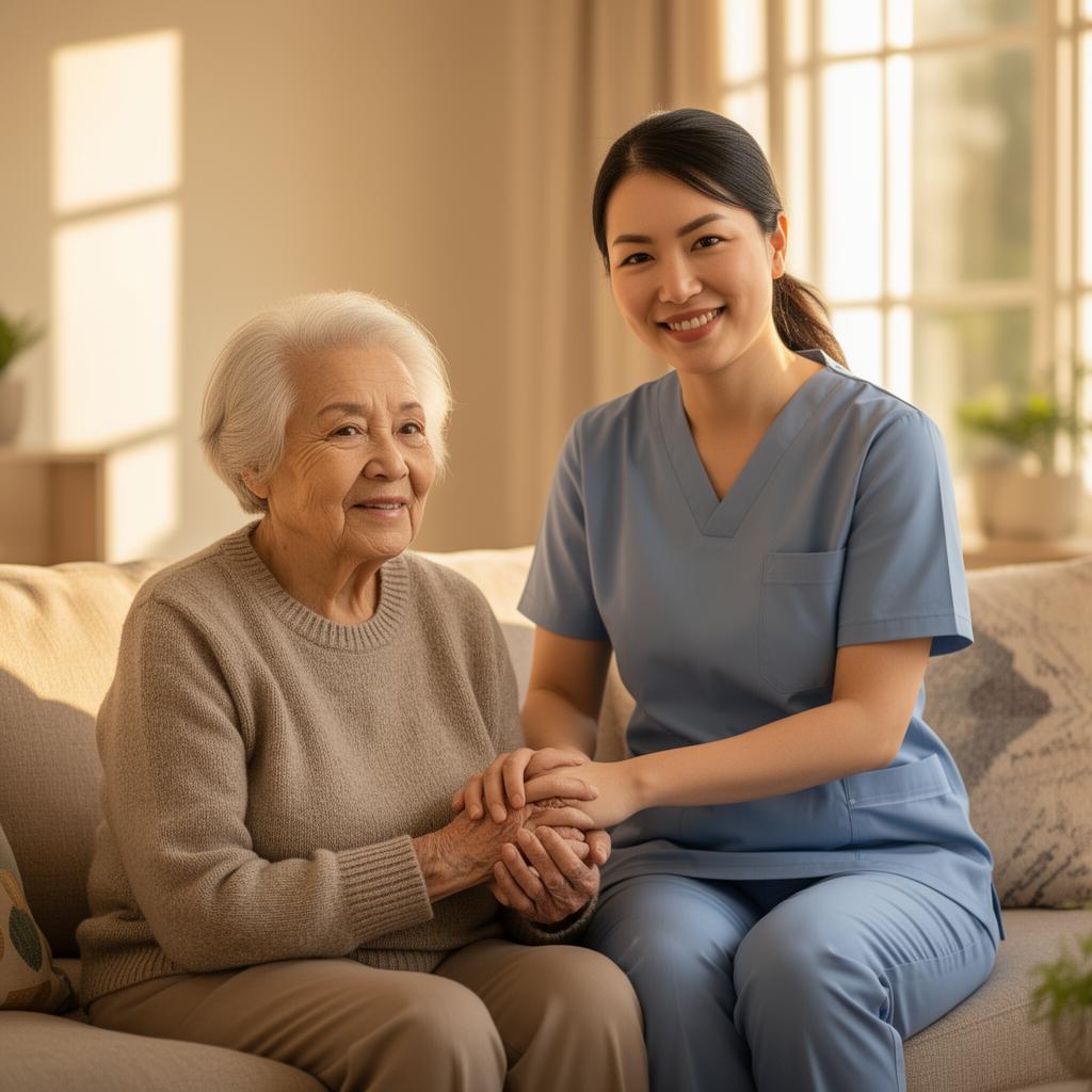 A professional caregiver smiling gently while holding the hand of an elderly woman in a sunlit living room